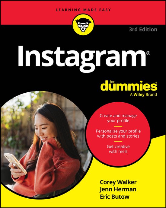 Boek 'Instagram for Dummies' 3e editie met een glimlachende vrouw die naar haar telefoon kijkt.