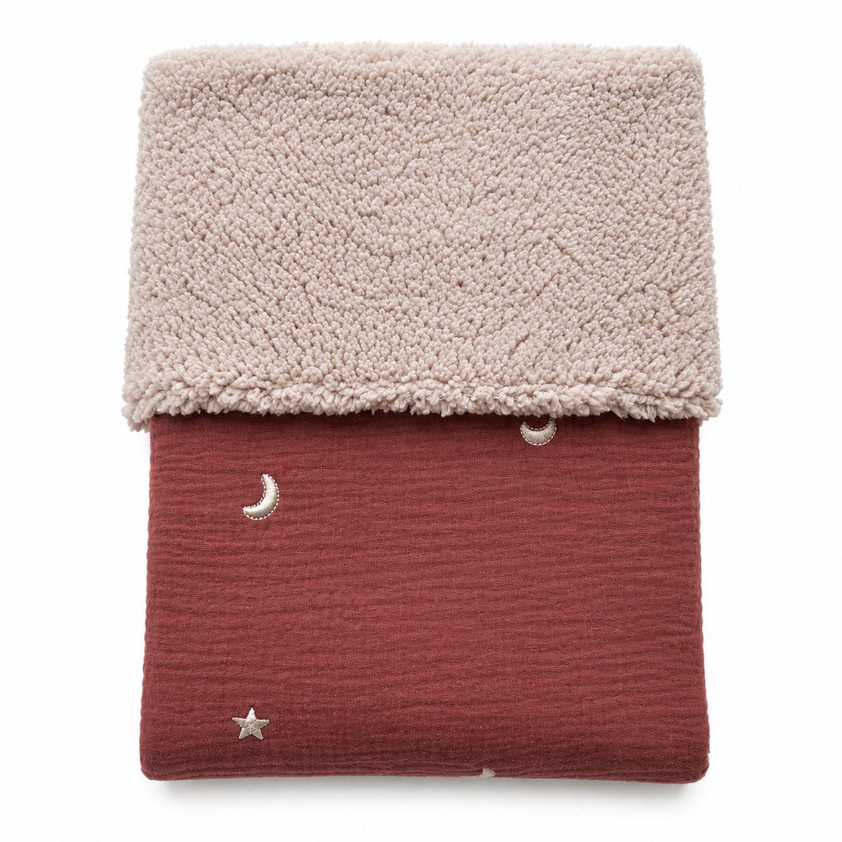 Wiegdeken teddystof licht beige - hydrofiel rouge - maan en sterren - 70 x 100 cm - babydeken - wagendeken - Handgemaakt - Handmade