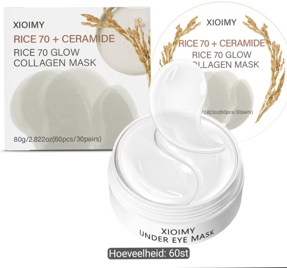 XIOIMY Rice 70 + Ceramide Oogmaskers – Hydraterende Eye Patches met Rijstextract, Hyaluronzuur en Peptiden – 60 stuks / 30 paar