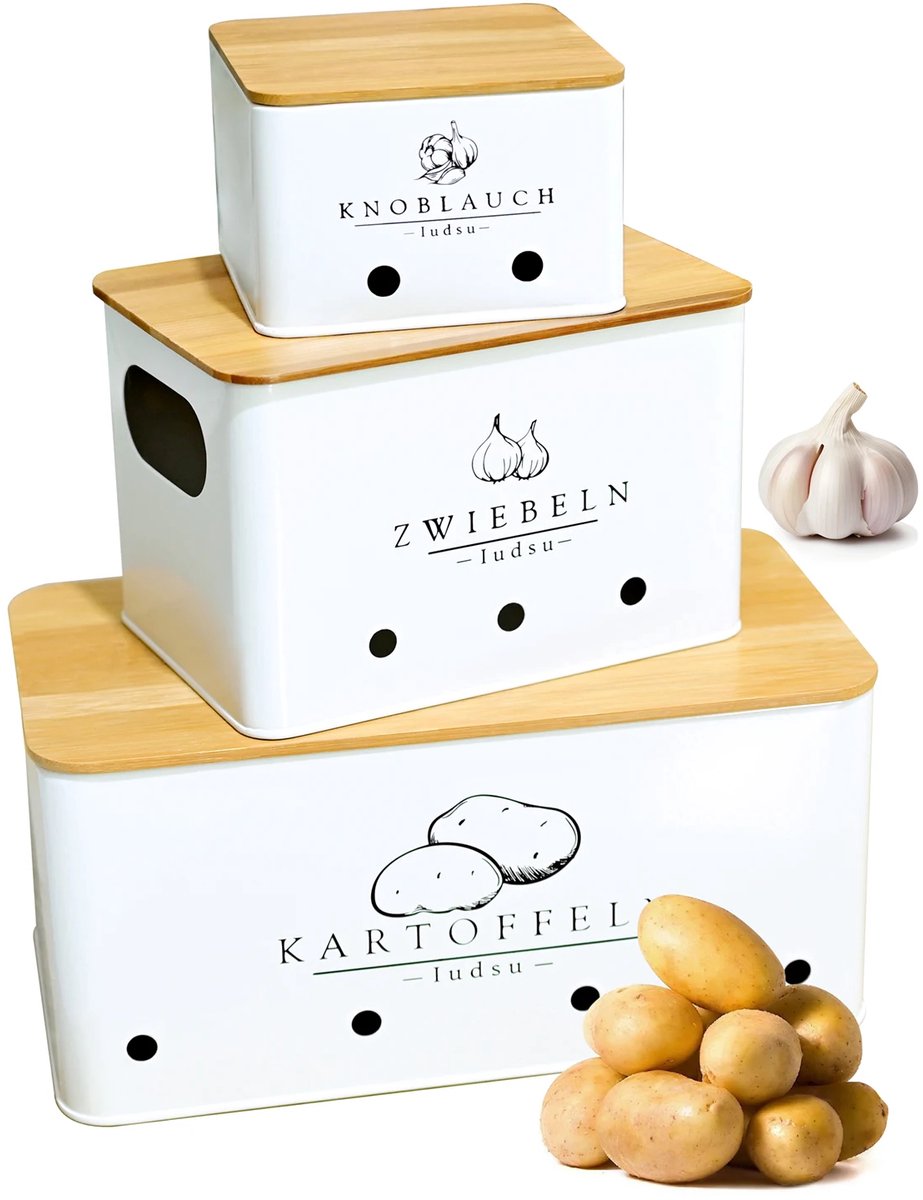 Opbergdoos groente - Voor ui knoflook aardappel - Multifunctioneel met ventilatiegaten - Metaal zwart met bamboe deksel