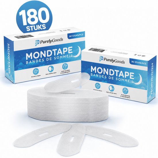 Deux boîtes de PurelyGoods Mouth Tape, 90 pièces par boîte. Une boîte est ouverte, montrant un rouleau de ruban buccal blanc.