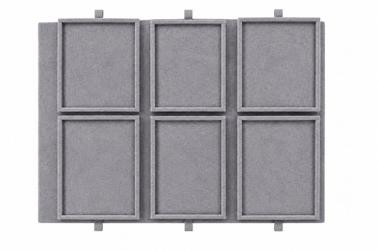 Grijze puzzelmat van vilt met zes vakken voor het opbergen van puzzels. De mat heeft een afmeting van 90 x 63 x 4 cm.