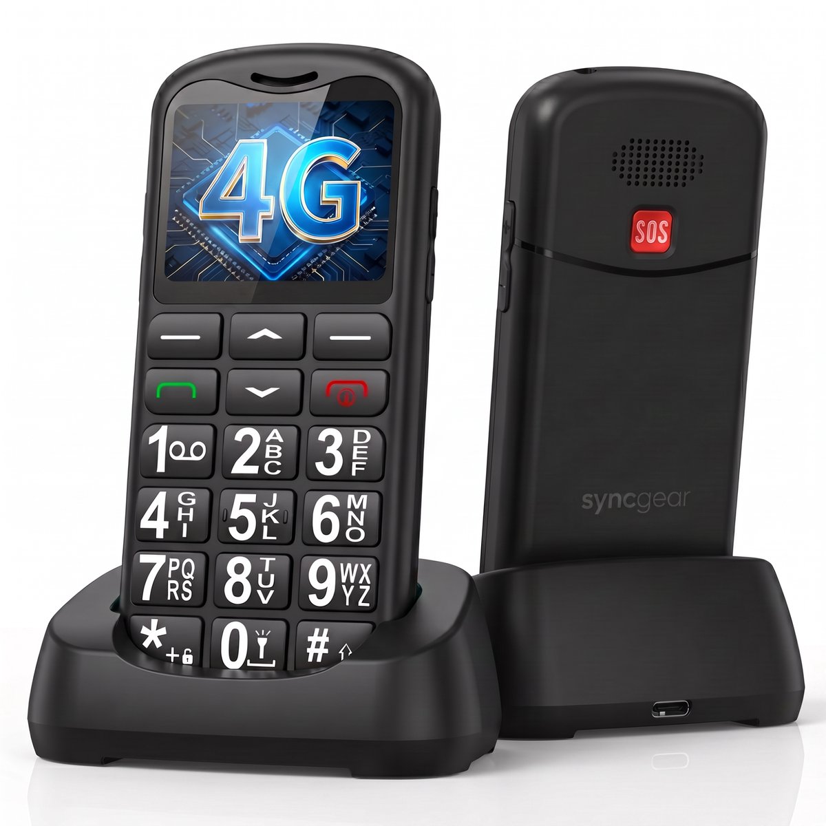 SyncGear GSM 4G – Grote Cijfers en SOS Noodknop – Gebruiksvriendelijk voor Ouderen – Oplaadstation & Grote Letters – Senioren Telefoon – Dumbphone - Feature Phone