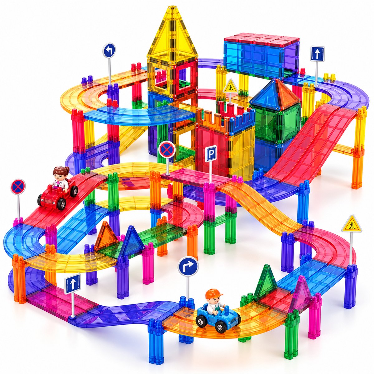 Kuddo Magnetic tiles racebaan - Magnetische tegels - Educatief & constructie speelgoed - 130 stuks - Montessori - Bouwstenen