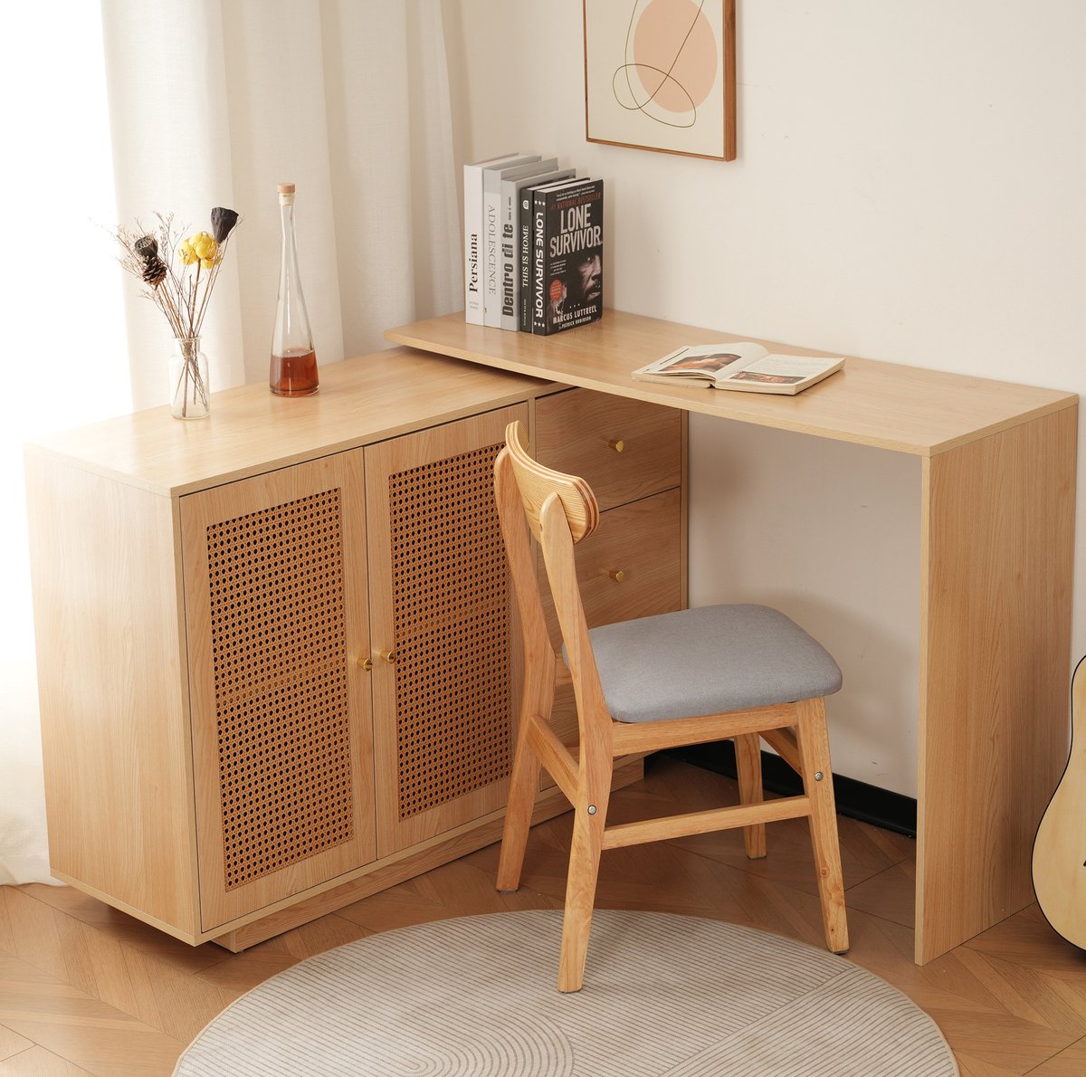 DESMIU Hoekbureau - Draaibaar L-Vormig Bureau Met Opbergruimte - Voor Werk- En Studeerkamer - MDF - 126x40x75 Cm - Natuurlijke Houtkleur