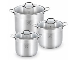 Royal Swiss® – Kookpannenset 6-delig – RVS Kookpotten 16L, 19L & 22,5L – 3 Grote Soeppannen met Glazen Deksels
