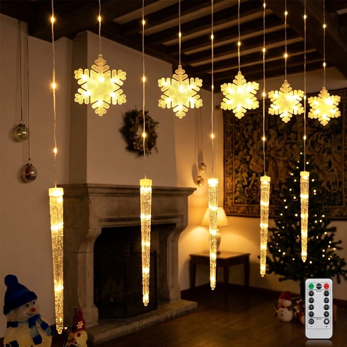 LED Kerst Lichtgordijn 3M – Christmas LED Kerstverlichting – kerst gordijnverlichting-Kerst Lichtslingers met Sneeuwvlokken & IJspegels -8 Lichtstanden met Timer & Afstandsbediening –met USB- Warmlicht
