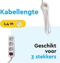 Witte stekkerdoos met 3 stopcontacten en rode schakelaar, kabellengte 1,4 m.