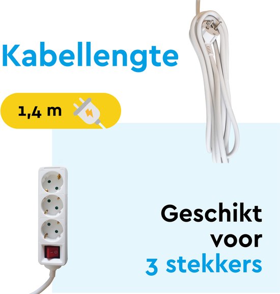 Witte stekkerdoos met 3 stopcontacten en rode schakelaar, kabellengte 1,4 m.