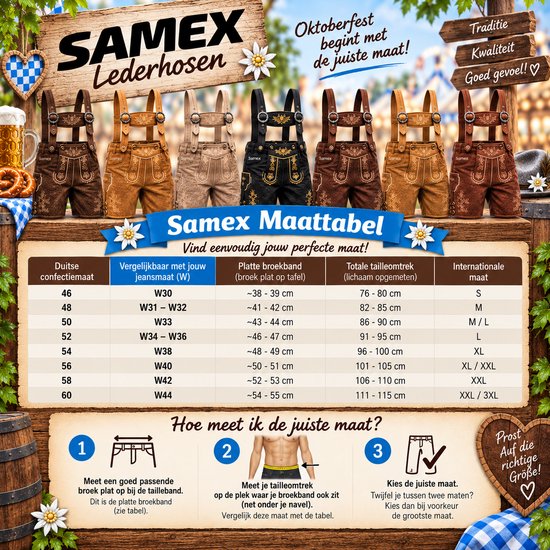 Samex lederhosen maattabel met zeven bruine en zwarte lederhosen in verschillende maten, met traditionele borduursels en bretels.