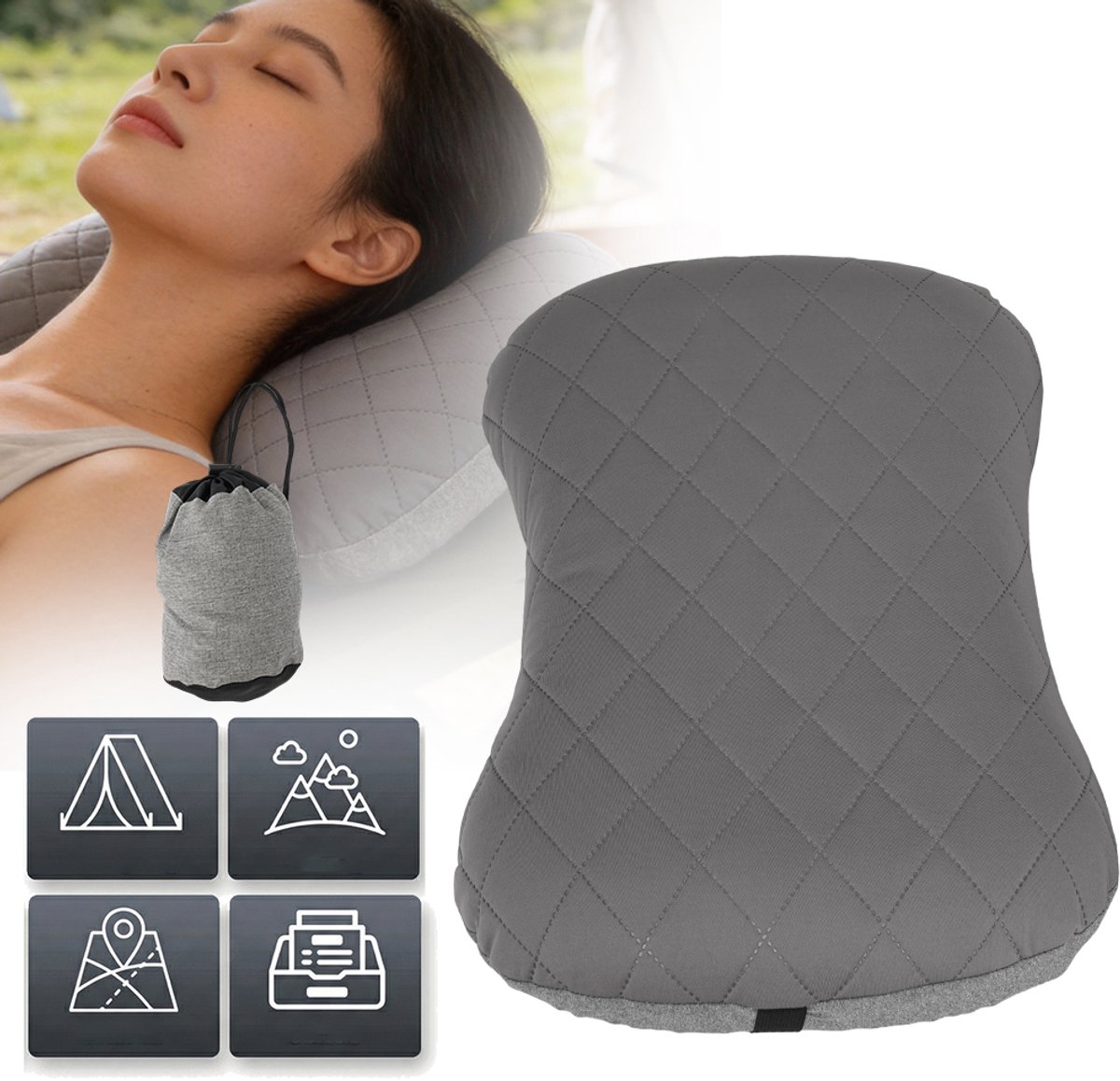 Opblaasbaar Reiskussen Met Elastische Band - Ergonomische Neksteun, TPU-Kern, Snel Opblazen/Leeglopen, 100% Katoenen Hoes - Compacter Dan Een Blikje - Grijs