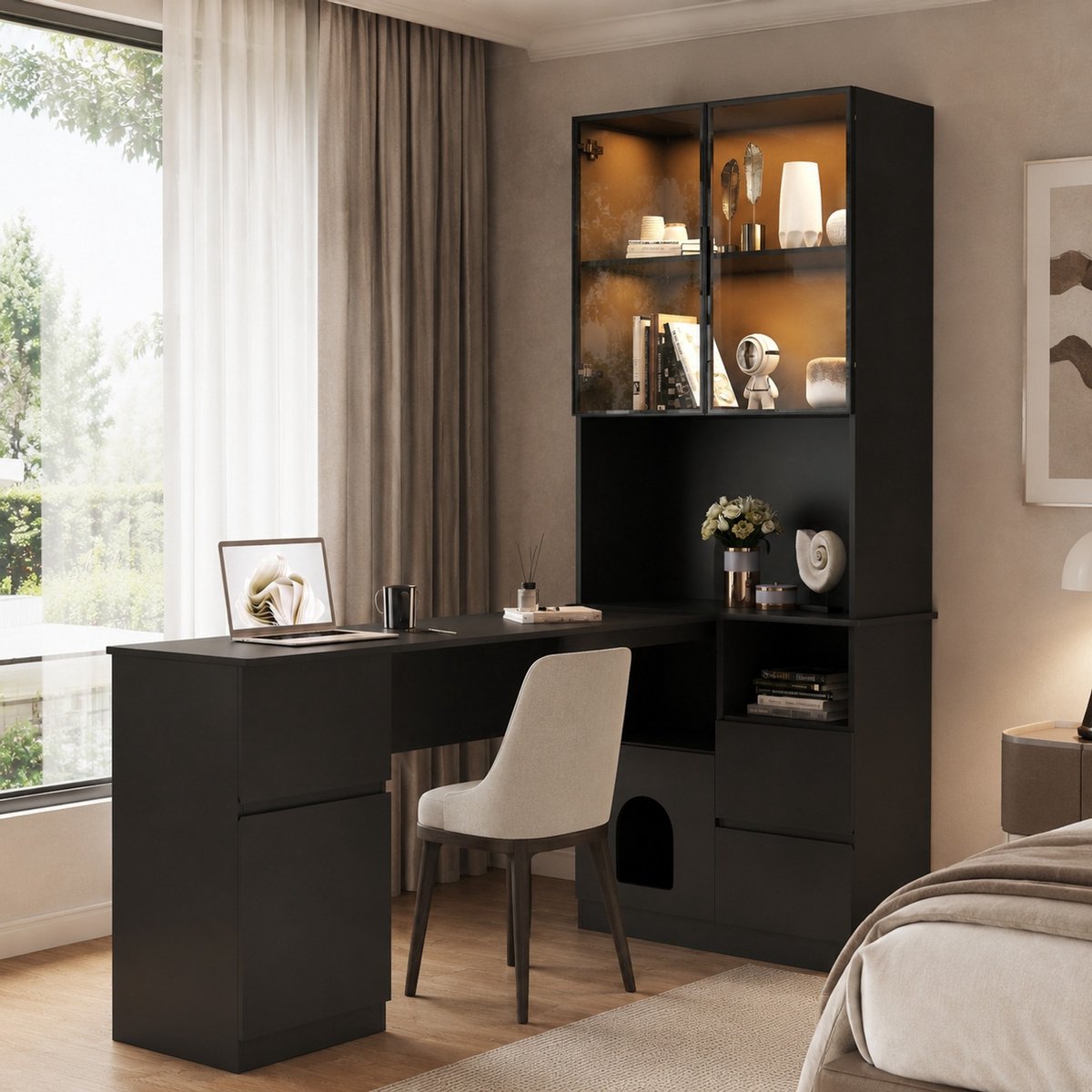 DESMIU Hoekbureau - Met LED-Vitrinekast, 3 Lades En Kabeldoorvoer - Voor Thuiswerkplek Of Studeerkamer - MDF - 120x80x180 Cm - Zwart