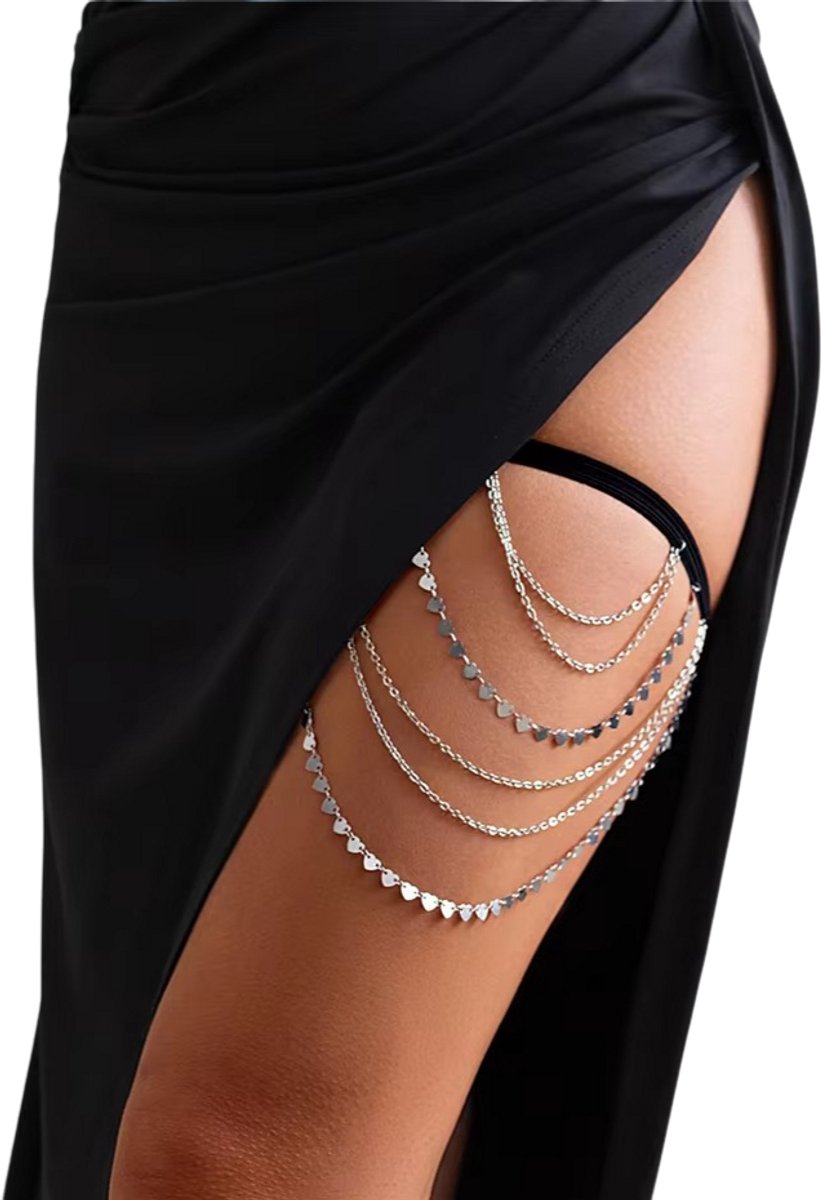 Sexy Boho Dijbeenketting voor Dames – Elastische Beenketting met Hartvormige Hanger en Kwastje, Meerlaagse Jarretel-Stijl Accessoire voor Zomer, Bikini, Strand, Feest & Festival – Zilver
