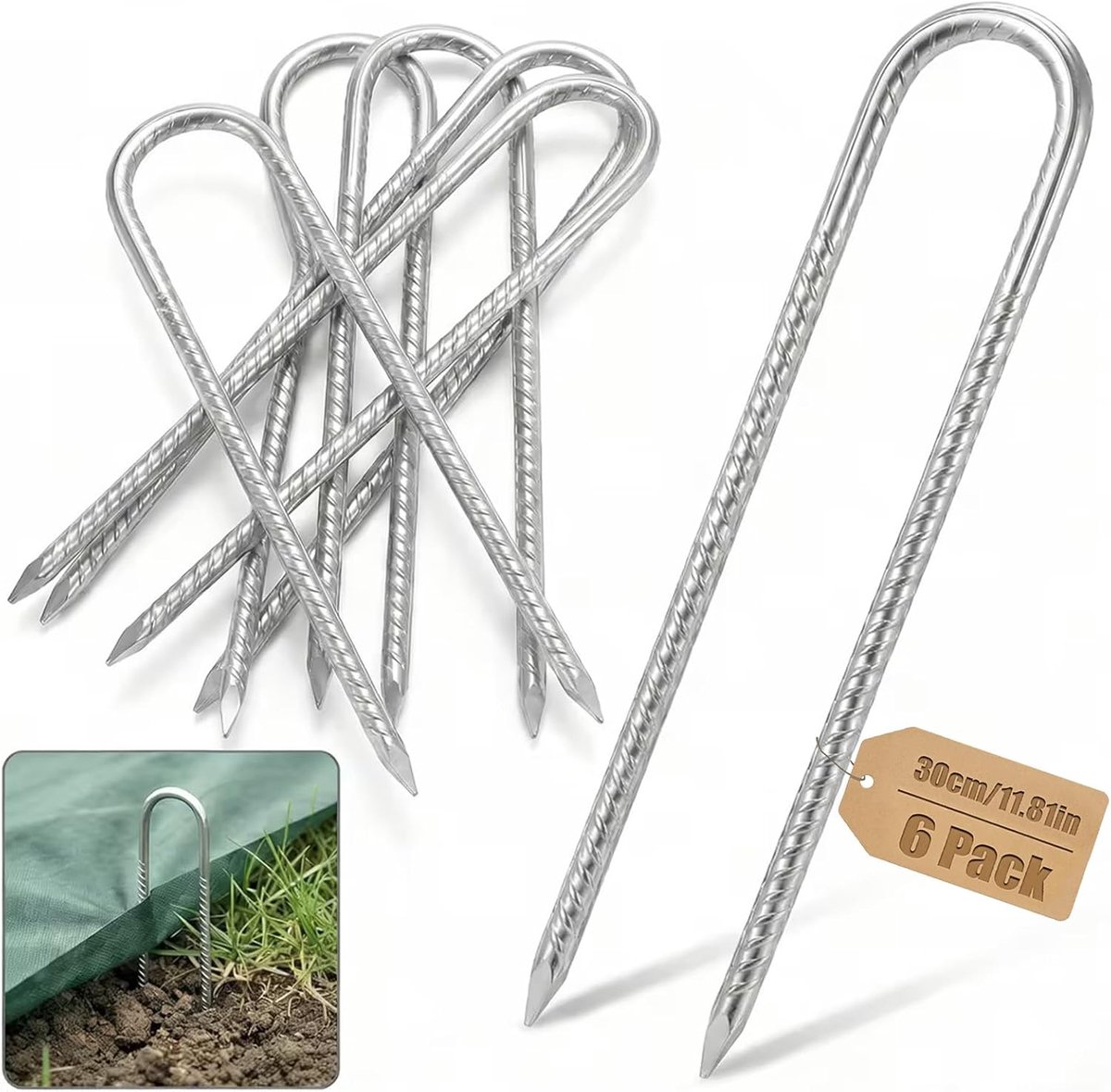 6 stuks extra lange, zware metalen tentpinnen van 30 cm (12 inch) in U-vorm.