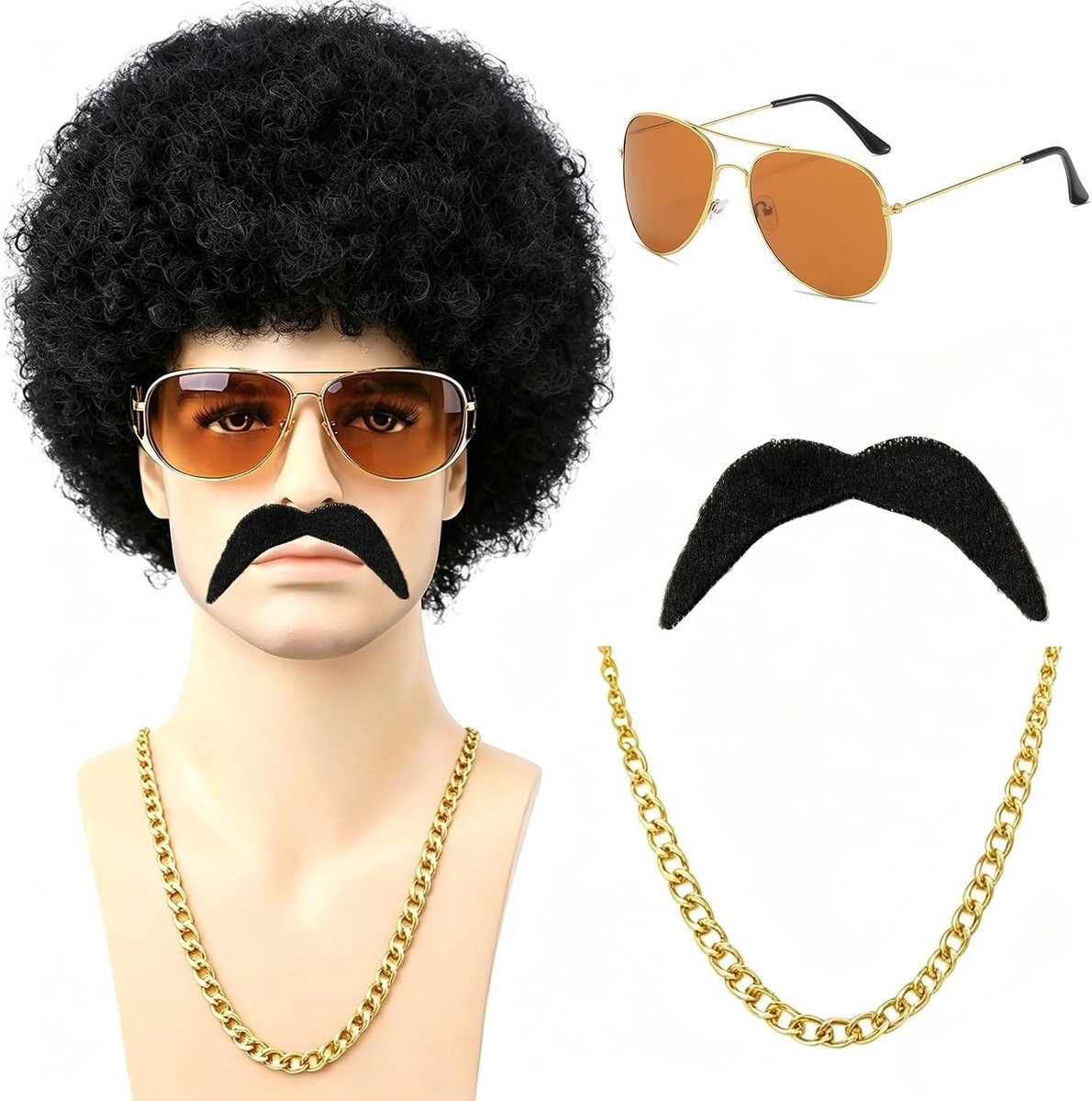 4-delige Hippie Kostuumset voor Mannen met Kunstsnor, Zonnebril en Afro Peruk voor 70s Disco Retro Feestjes