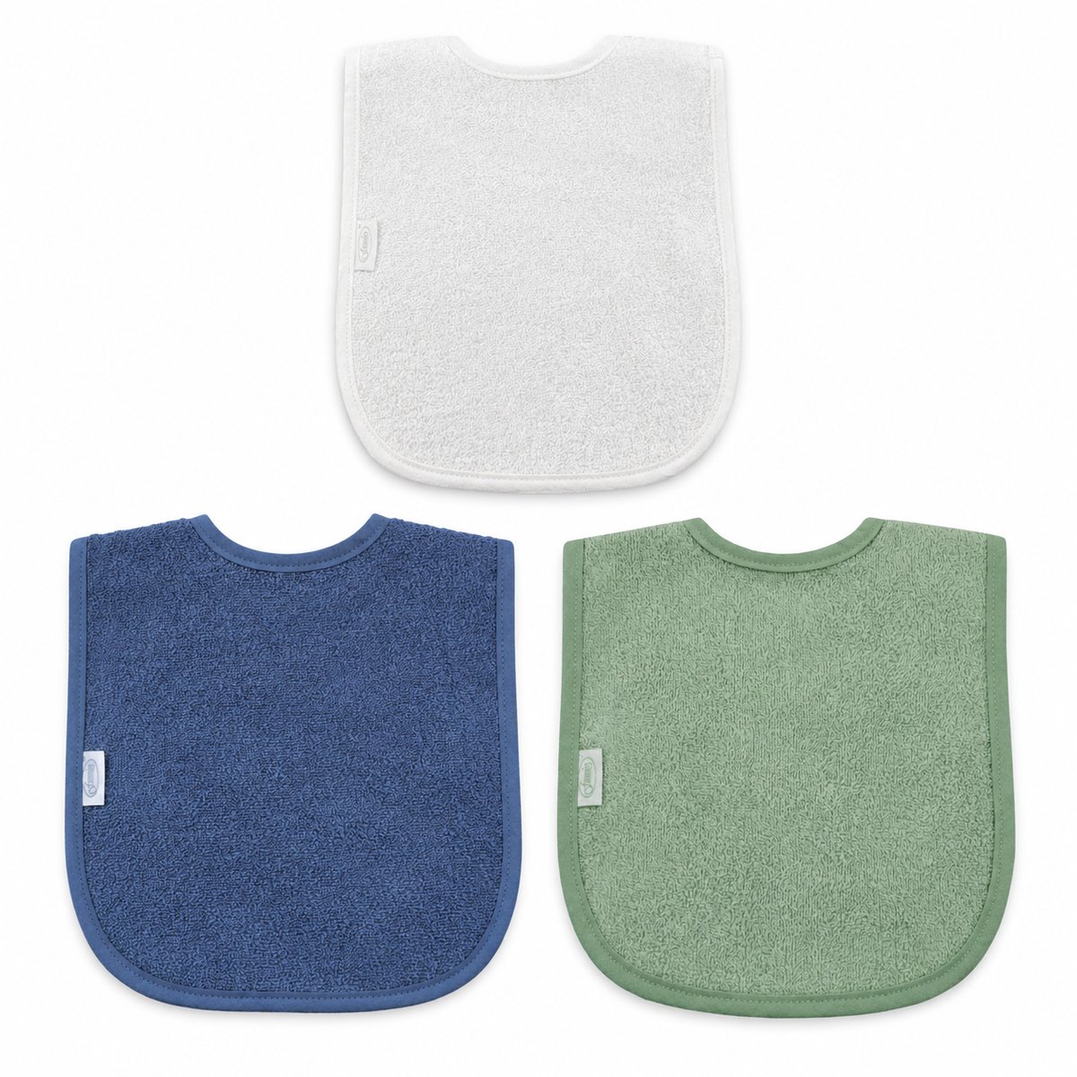 Set van 3 geborduurde slabbetjes met naam: wit - blauw - stone green