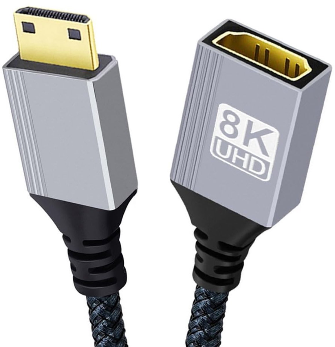 HDMI 2.1 Kabel Mini HDMI naar HDMI, 8K@60Hz en 4K@120Hz, 48Gbit/s Ultra Snelle Gouden Gevlochten Kabel van 17 cm voor TV, Monitor en Computer