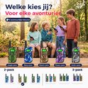 Kinderen tonen 5 camouflagekleuren walkietalkies: jungle, navy, desert, flower, arctic. Set van 2 en 3.