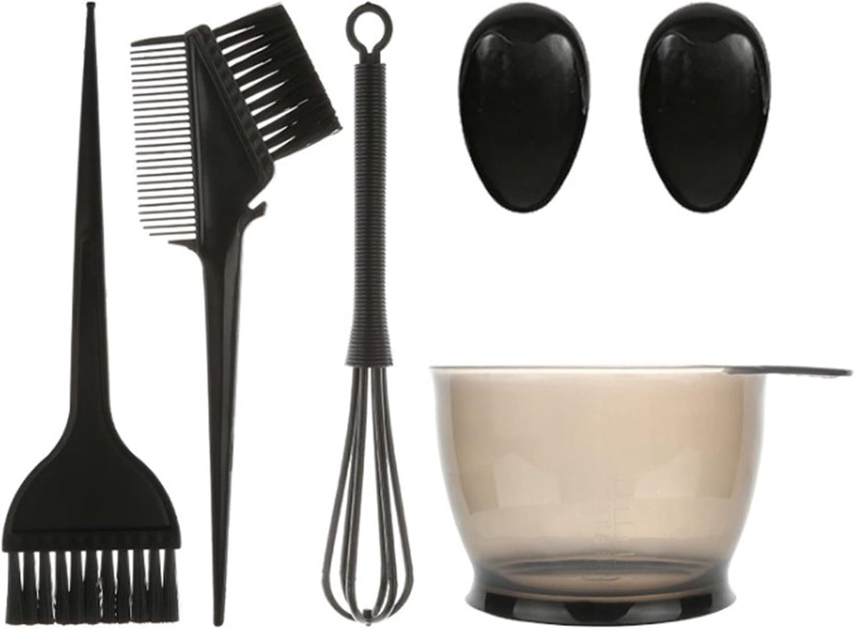 Haarkleuringsset, haarkleuringsgereedschap, kappersgereedschap met haarkleuringspenseel, oorbeschermers en kom, voor thuis en in de kapsalon (6-delig, zwart)