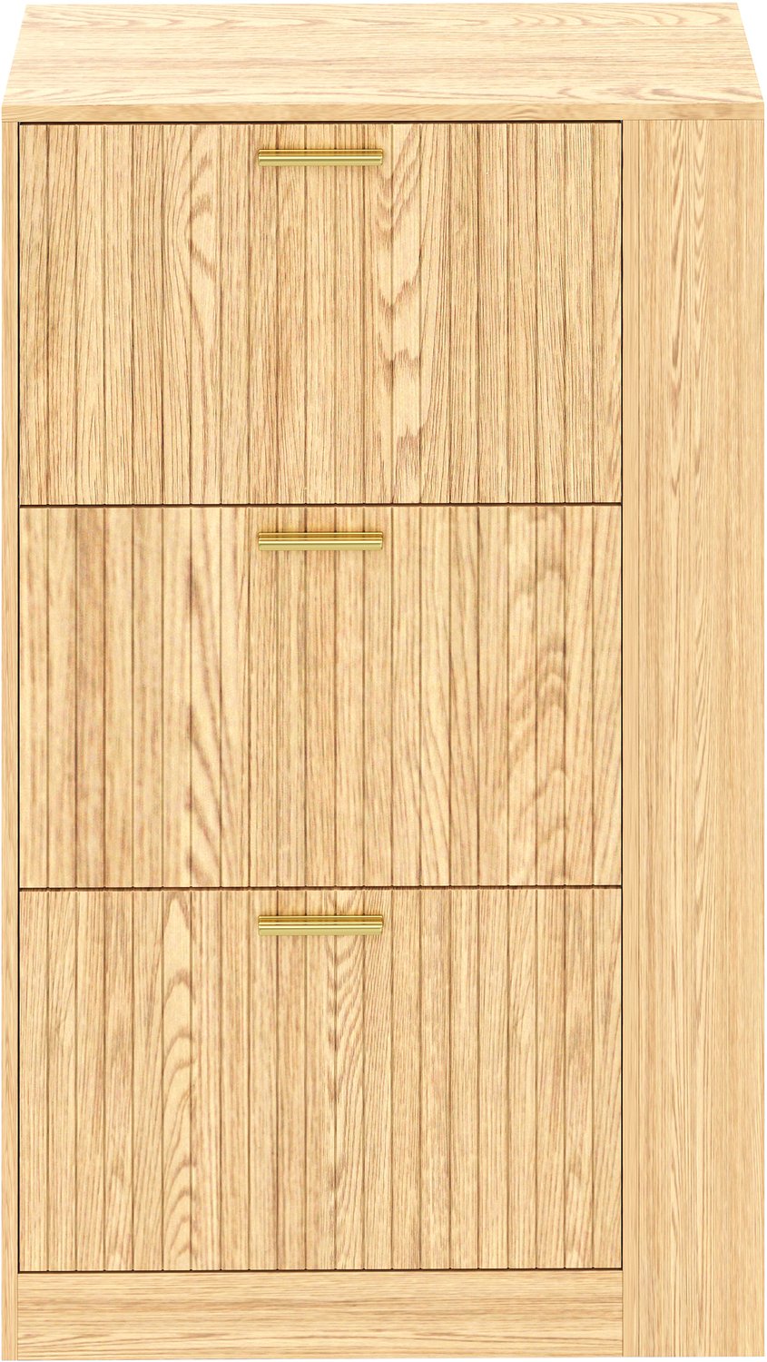 SONNENH Schoenenkast - Houtlook met goudkleurige grepen - 3 kleppen en 4 open zijvakken - 70 x 23,5 x 115 cm