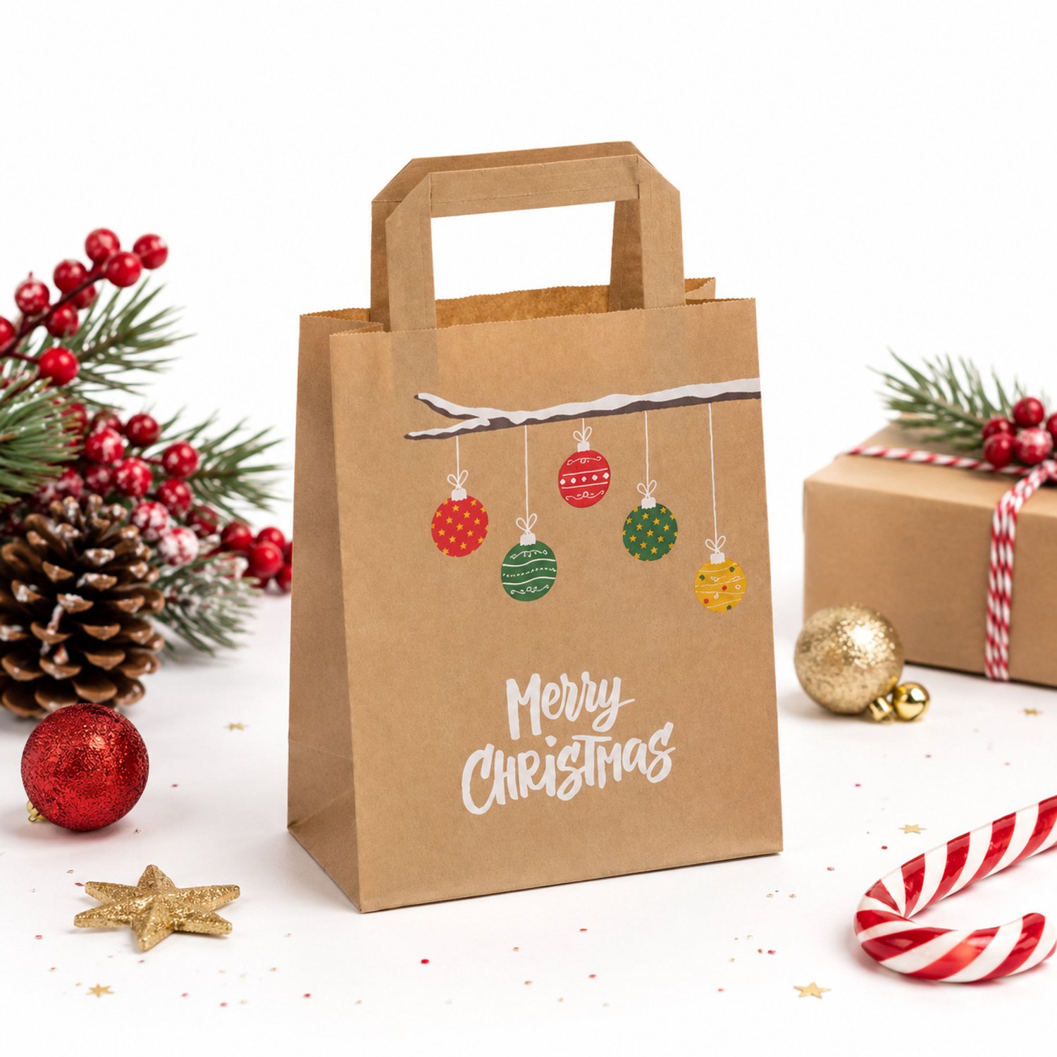 Kerst cadeautasjes kraftpapier "Kersttakje" - 18 + 8 x 22 cm - 50 stuks - Bruin kraft met kerstballen en Merry Christmas - Platte handgrepen