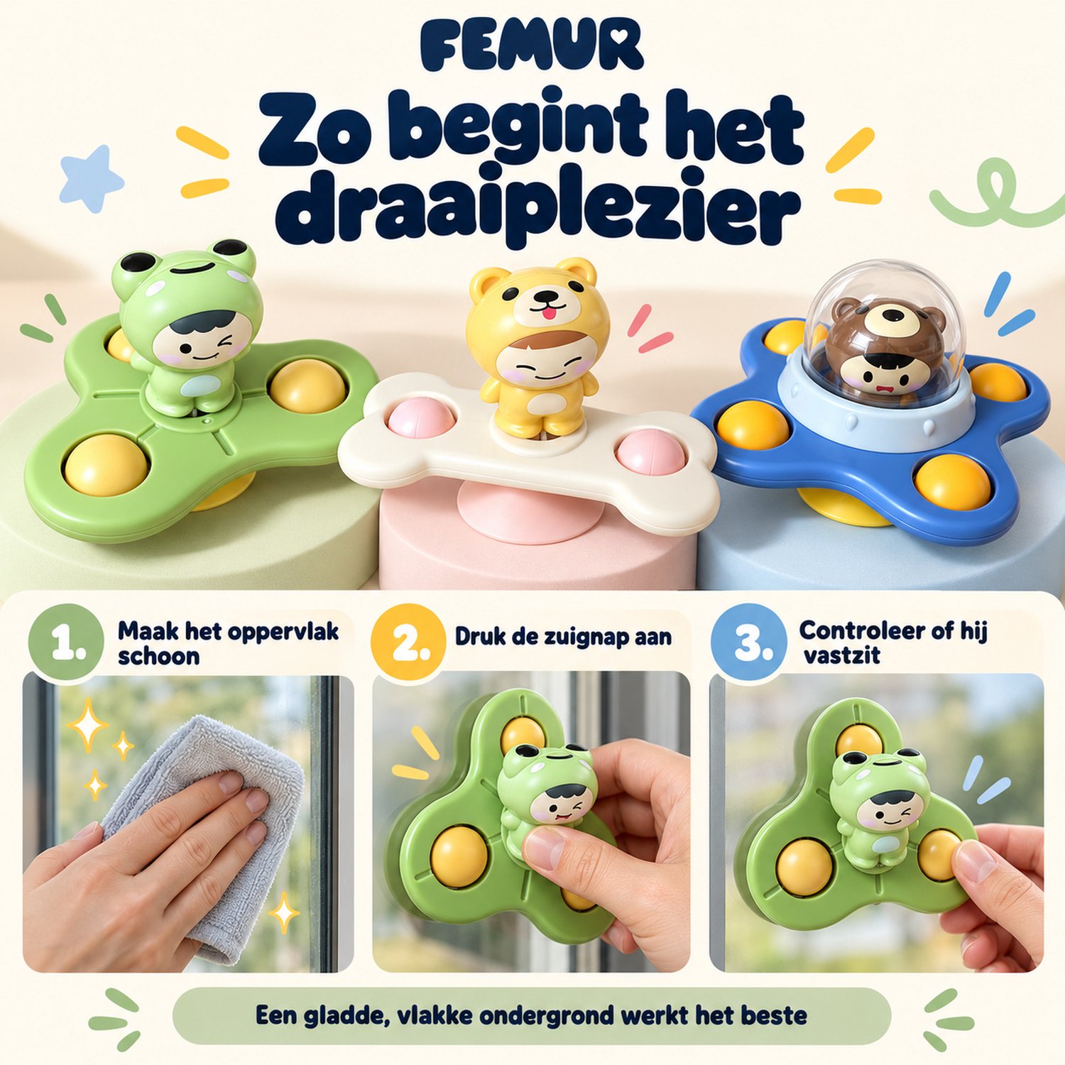 Femur® - Spinner - Fidget - Badspeelgoed - Spinners - Baby Spinner - 3 stuks - UFO - Speelgoed - Poppetjes - Fun - Rage - Zuignap - Sensorisch Speelgoed - Kinderen - Kerst — afbeelding 7