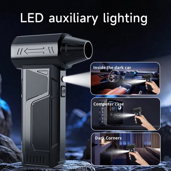 Zwarte luchtblazer met ingebouwde led-verlichting voor gebruik in auto's, computers en donkere hoeken.