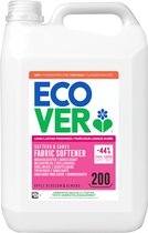 Flacon blanc de 5L d'adoucissant Ecover parfum fleur de pommier et amande, testé dermatologiquement.
