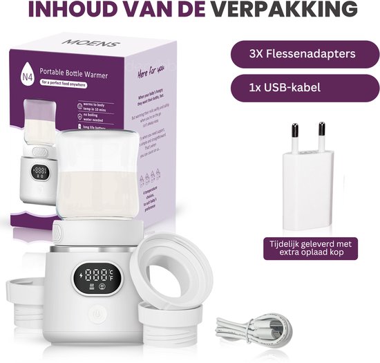 Moens Draagbare Flessenwarmer – Draadloze Flessenwarmer voor Onderweg – USB Oplaadbaar – Inclusief 3 Adapters & USB – BPA-vrij — afbeelding 4