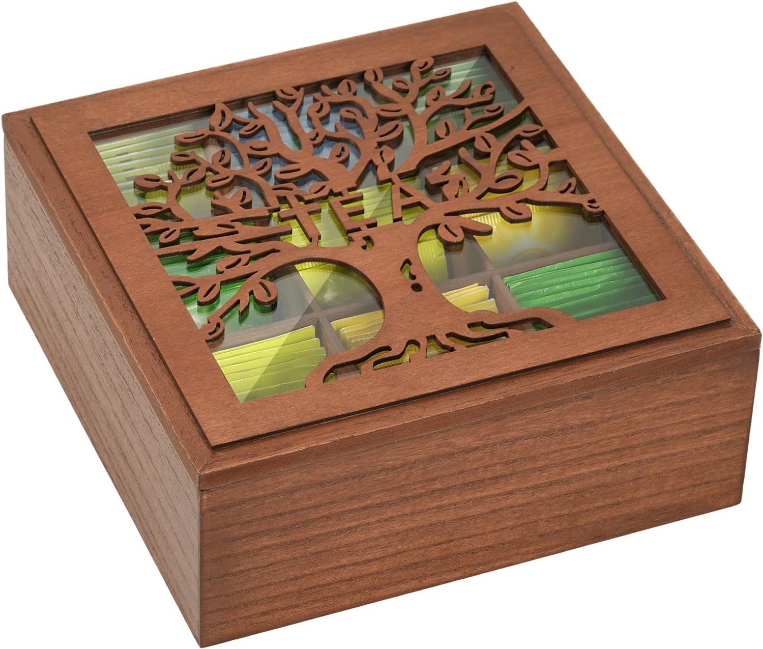 Theebox - Bruin - 23,5 x 23,5 x 9,5 cm - Houten Theezakjesdoos met Glazen Kijkvenster - Voor Theezakjes en Kleine Voorraad
