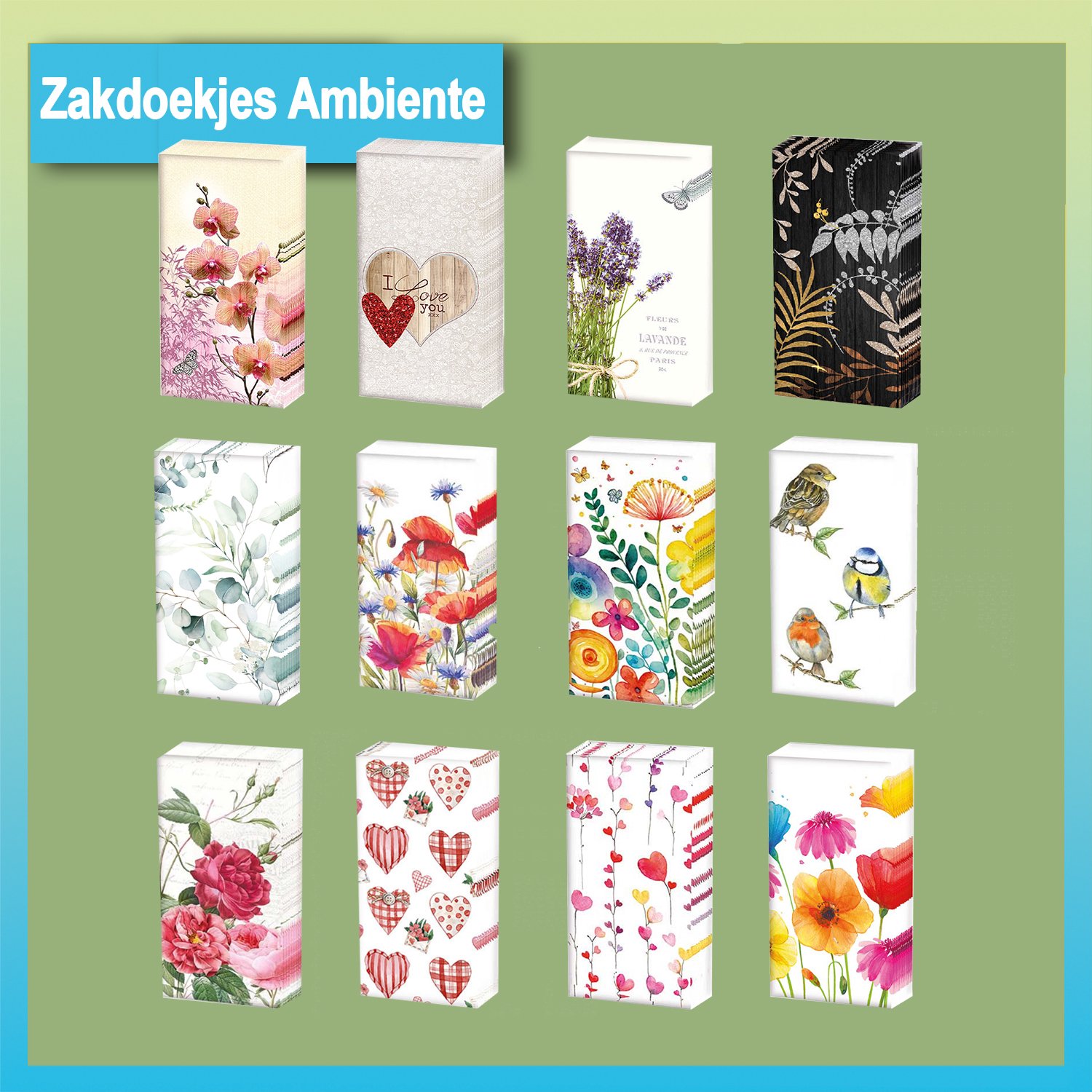 Papieren zakdoekjes met leuke prints. Set van 12 pakjes