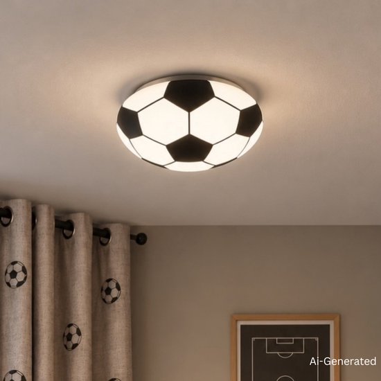 Ronde LED-plafondlamp in de vorm van een wit-zwarte voetbal voor de kinderkamer.