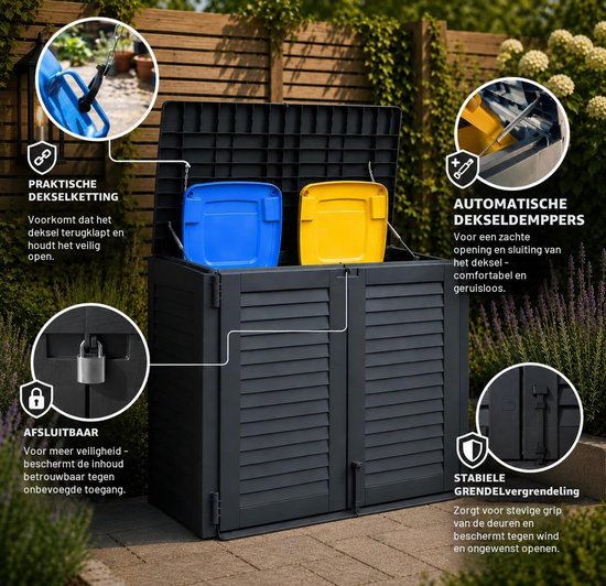Afvalcontainerbox Voor 2 Vuilnisbakken - Zwart - Kunststof - 950 Liter Inhoud - Waterdicht - Buitenopslag — afbeelding 5