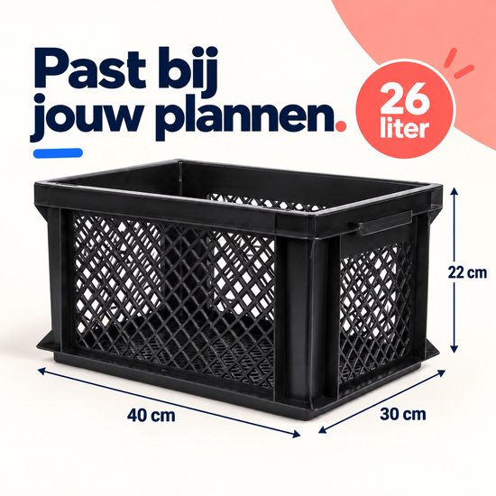Dutch Standard Fietskrat – 26 Liter – 40 x 30 x 22 cm – Kunststof – Voor Voordrager – Zwart — afbeelding 4