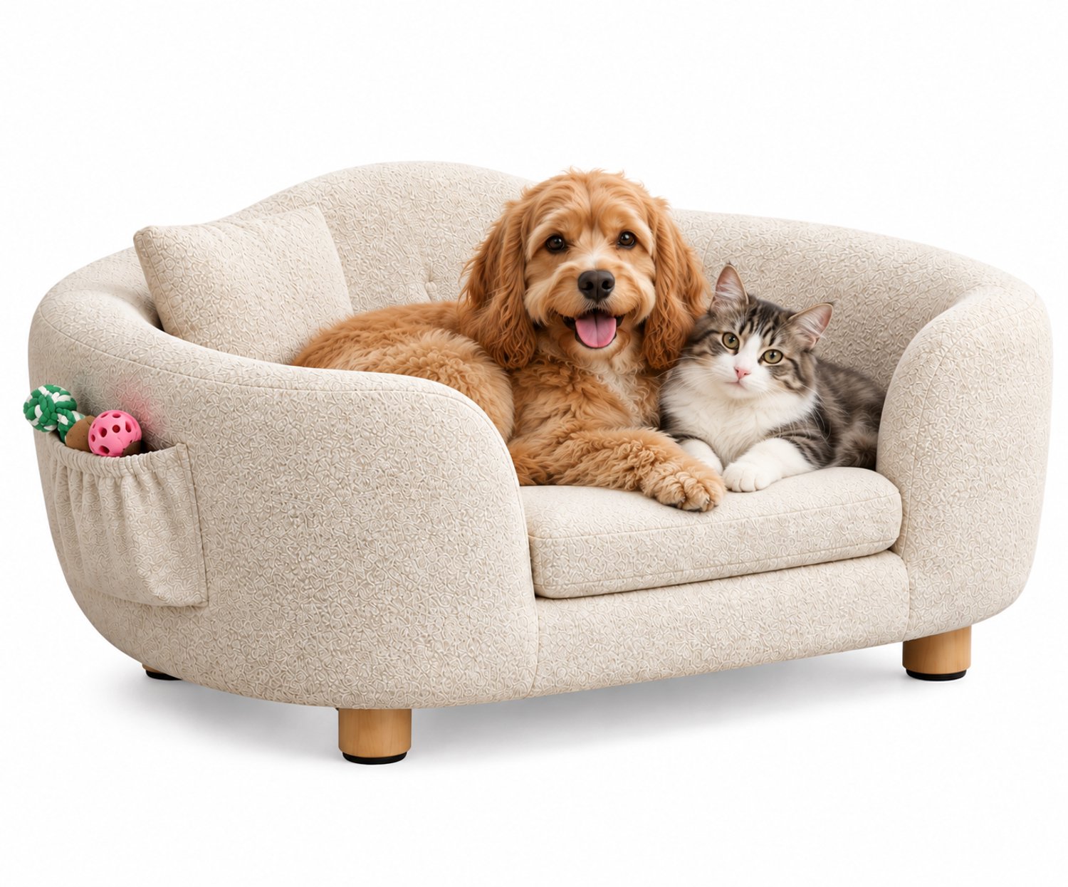 VILIMA - Hondenmand - Hondenbank - Kattenmand - Met kussentje - Met opbergvakje - Wasbaar - 70x47x30 cm - Zacht - Créme wit