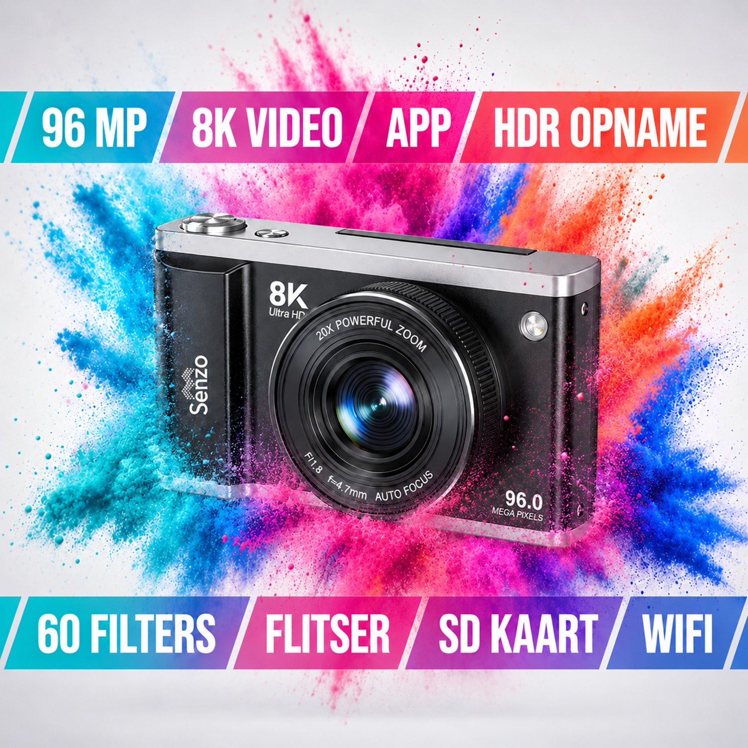 Senzo Digitale Camera 8K met WiFi - 96MP - 20 x Zoom - 60FPS - HDR - 2 x Accu - Fotocamera - Fototoestel - Compact Camera - Vlog Camera - 64GB thumbnail 2