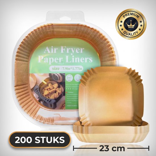 200 moules en papier brun carrés de 23 cm pour friteuse à air, emballés avec un sceau 'Premium Quality'.