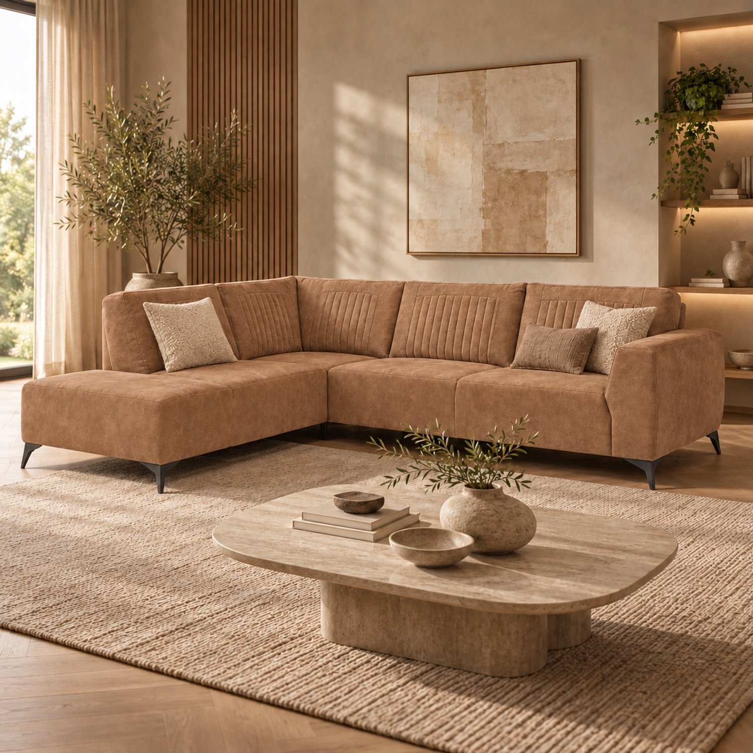Hoekbank Jodi – Royale Loungebank in Bull Microleder – 4-Zits Hoekbank - Lounge links - Cognac
