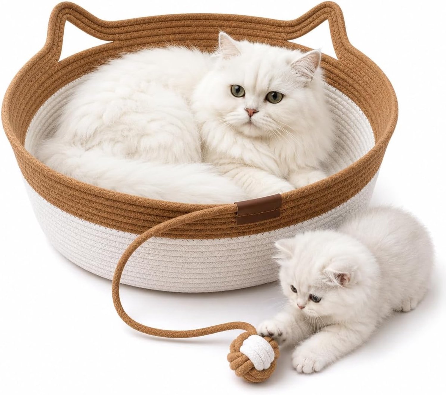 HisKes Handgeweven kattenmand van katoenen touw - Katoenen touw kattenmand met oorvormige handvatten en touwbal - Ademend, gemakkelijk schoon te maken, opvouwbaar, krasbestendig kattenmand - Geschikt voor huisdieren tot 15 lbs - 40*15 cm - Bruin
