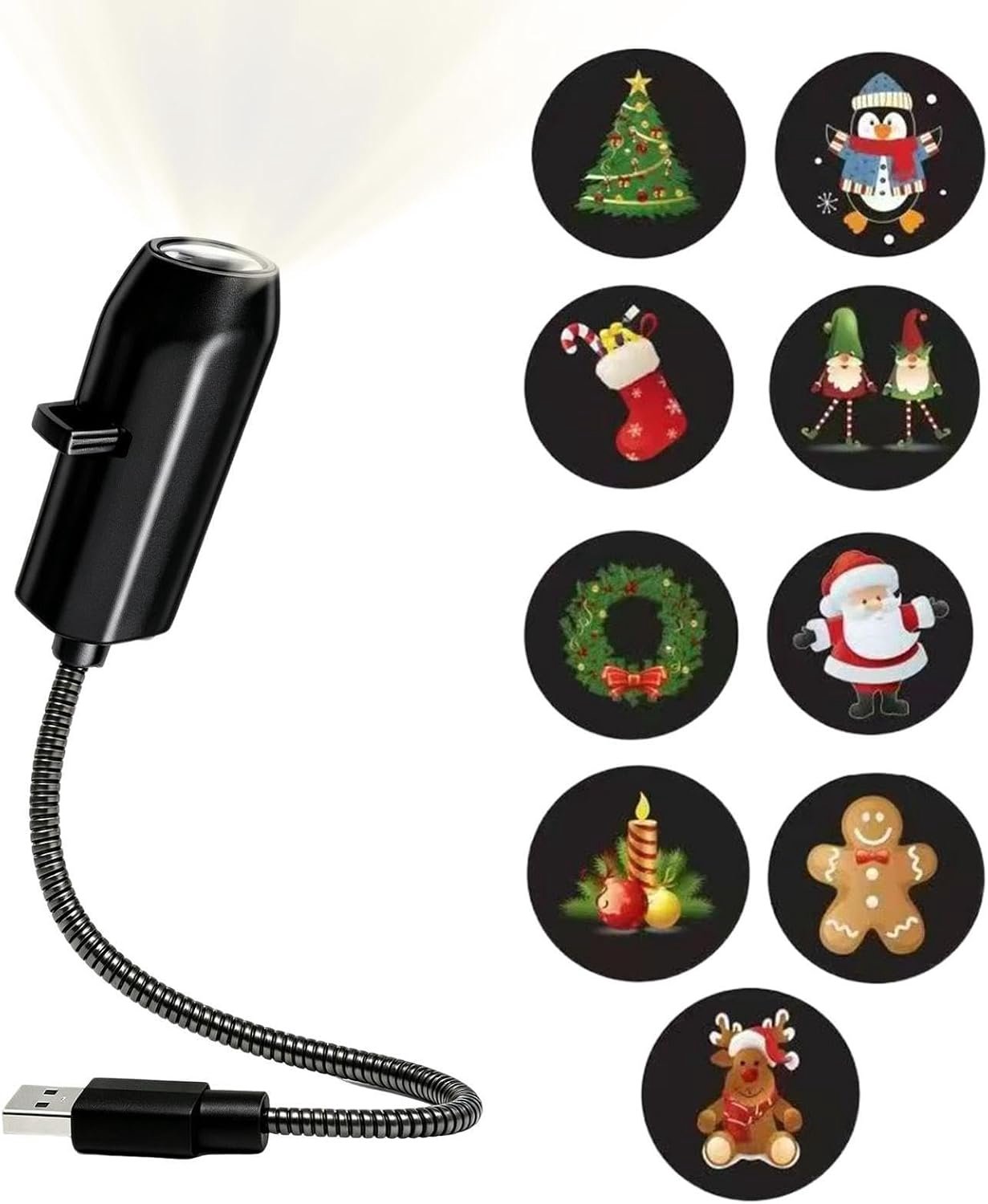 HisKes Kerstprojector -Kerstprojectorlamp - USB - Projector - Kerst Led-projector - Plug and Play - Vakantieprojector - Projectorlamp - Mini Feestelijke Projector - Flexibele Hals - Kerstdecoratie - Voor kamperen, auto, plafond en wanddecoratie
