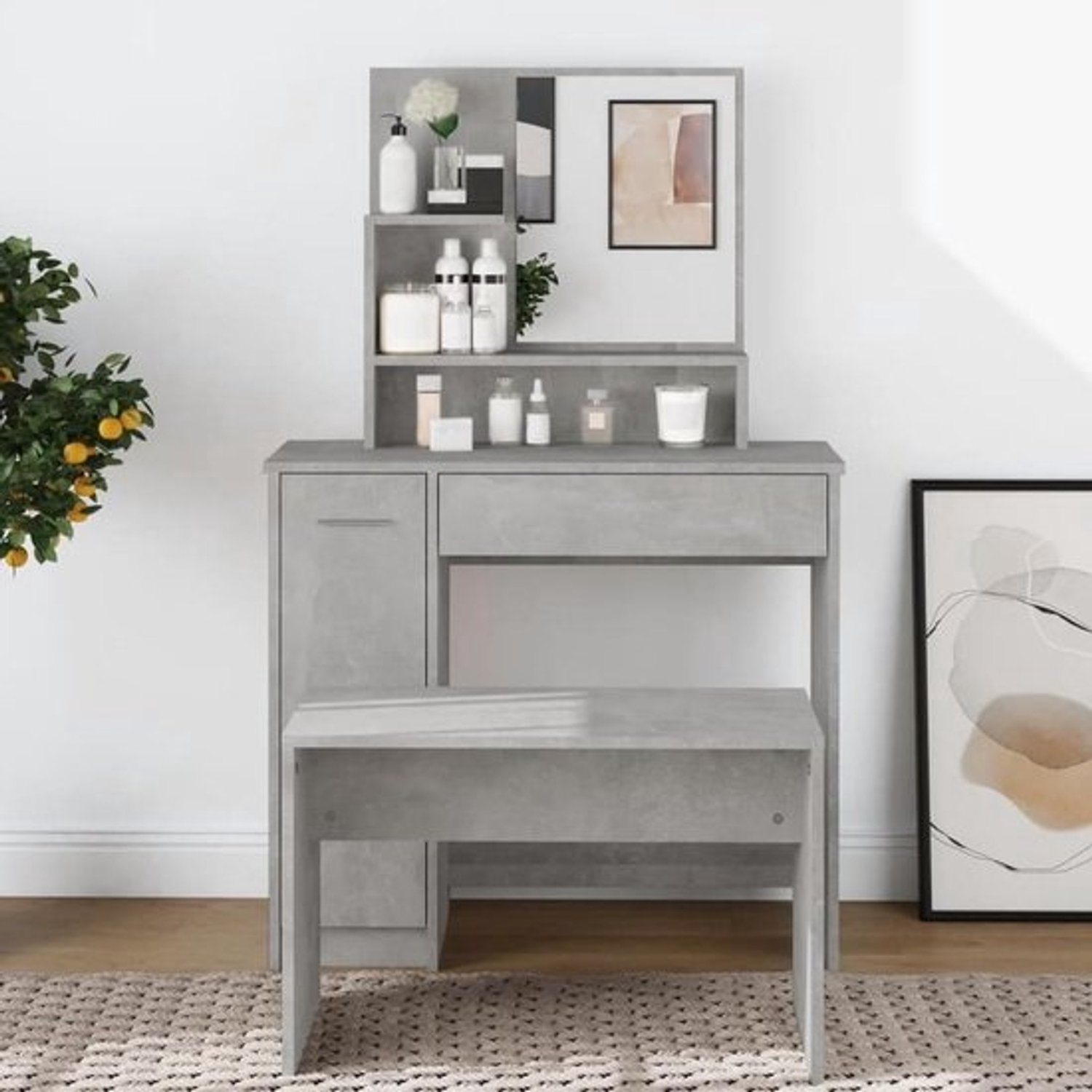 Kaptafel met spiegel - Kaptafelbureau - Cosmetica opbergen - Meerlaags hout - 86.5 x 35 x 136 cm - Betongrijs