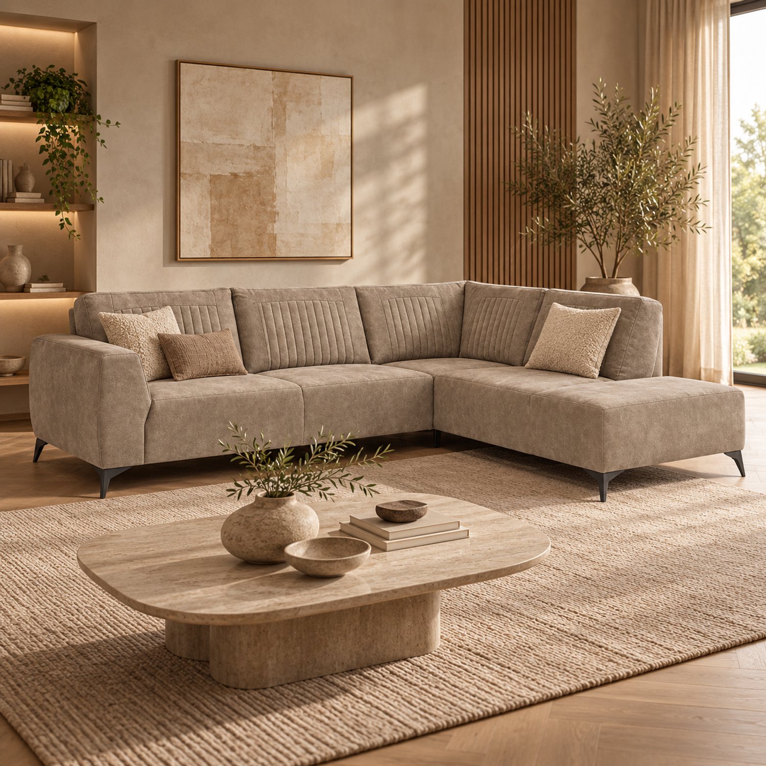 Hoekbank Jodi – Royale Loungebank in Bull Microleder – 4-Zits Hoekbank - Lounge rechts - Liver