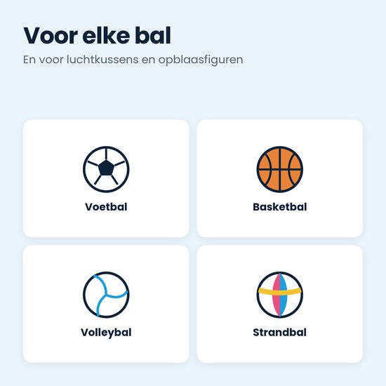 Icoon overzicht voor gebruik bij voetbal, basketbal, volleybal en strandbal; tekst: Voor elke bal, En voor luchtkussens en opblaasfiguren.