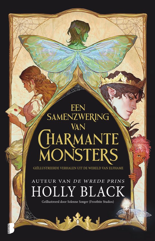 Boekomslag van 'Een samenzwering van charmante monsters' met illustraties van elfen, feeën en personages in een gouden kader.