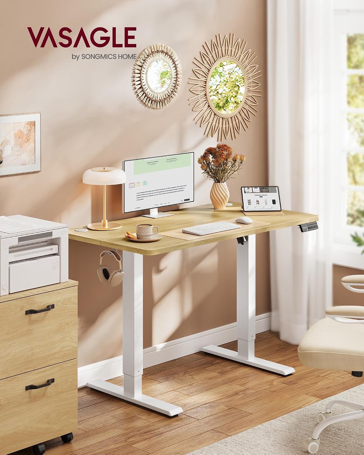 VASAGLE In hoogte verstelbaar bureau, statafel, computertafel, herinnering bij lang zitten, geheugenfunctie met 4 hoogtes, voor kantoor, 100 x 60 cm, goudkleurig eiken