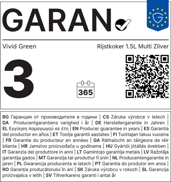 Garantiekaart van 3 jaar voor Vivid Green rijstkoker 1.5L, inclusief QR-code en meertalige garantietekst.