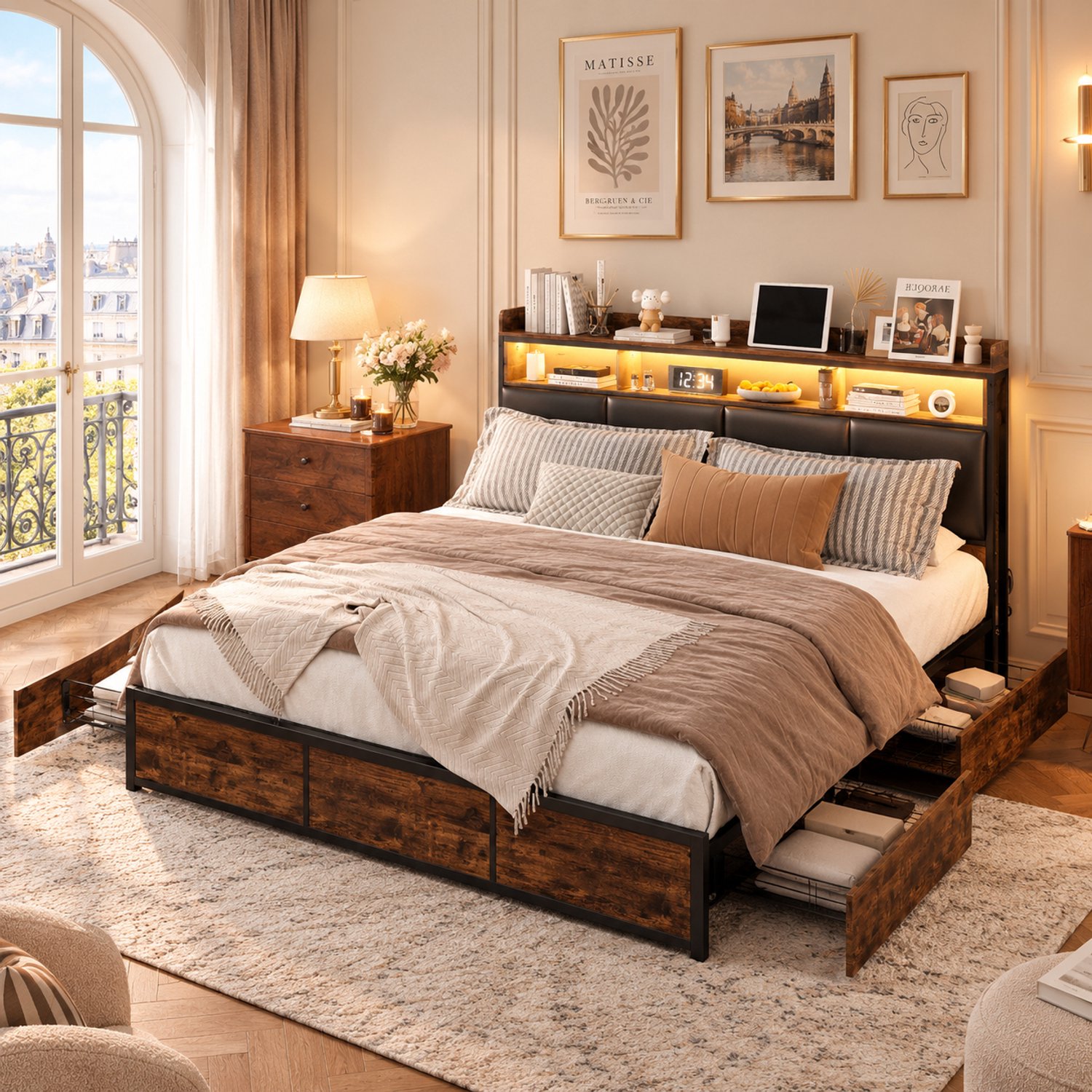 MEXUS Metalen bed 160x200 cm met lattenbodem en opbergruimte, inclusief ledverlichting – opbergbed met hoofdeinde en 4 lades, voor volwassenen en tieners, Zwart
