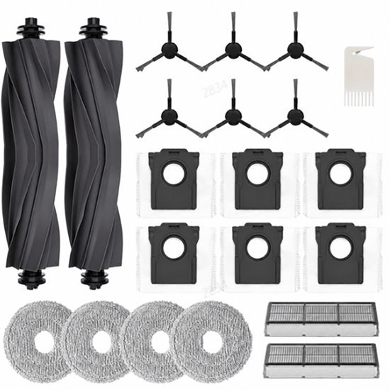 Accessoireset met 2 zwarte borstelrollen, 6 zijborstels, 6 stofzakken, 4 dweilschijven, 2 filters en een reinigingskam.