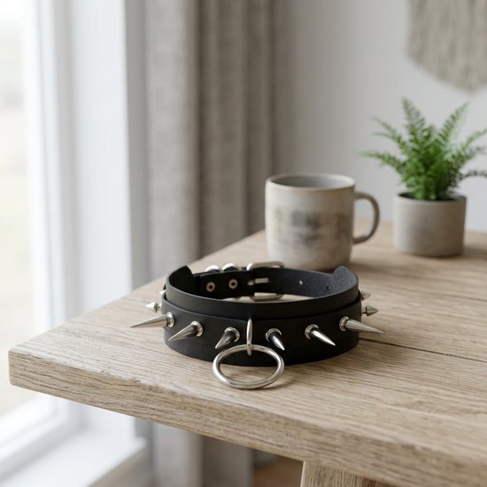 Zwarte choker met spikes en ring geplaatst op een houten tafel naast een mok.