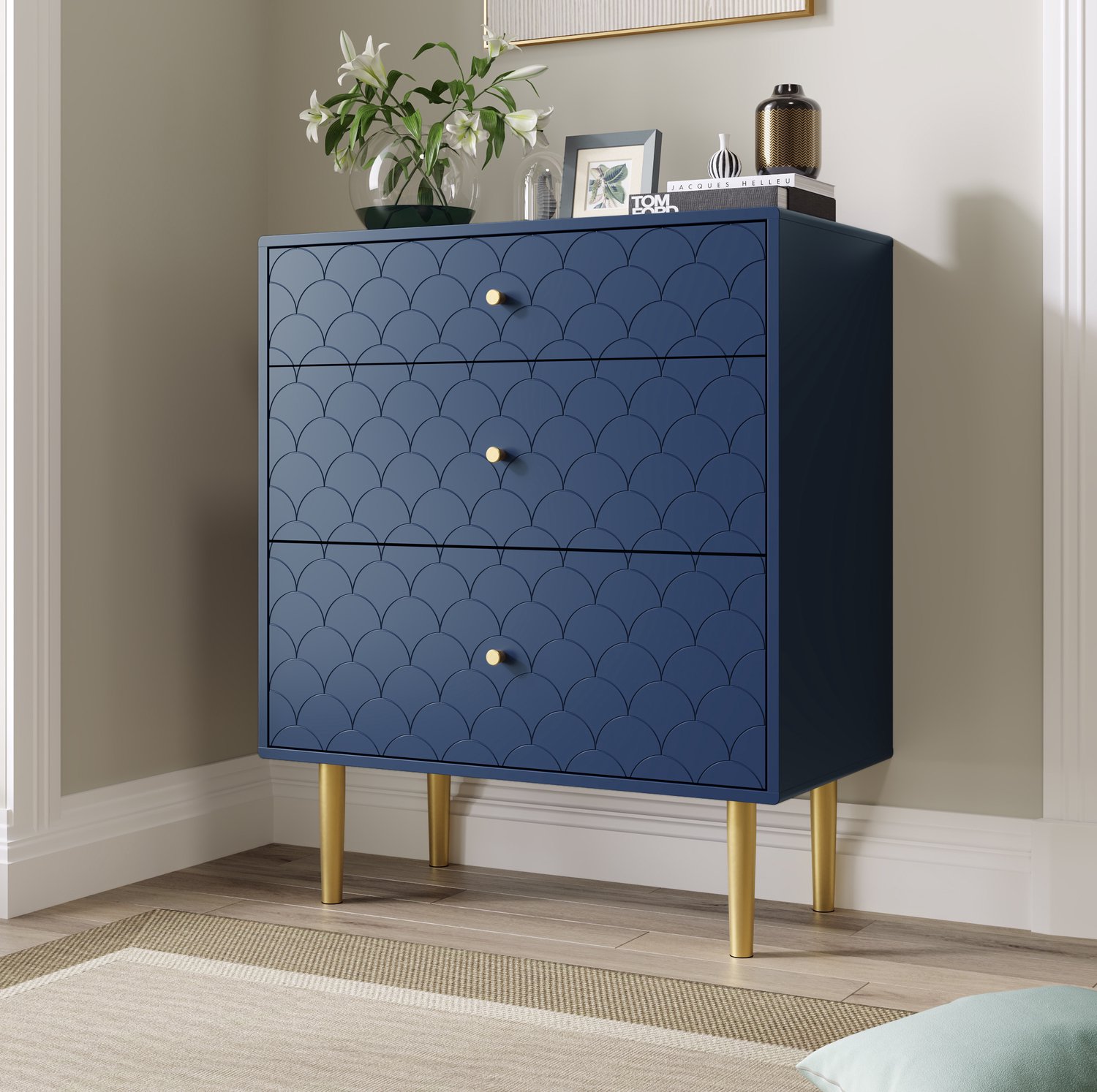 CHICFURN Ladekast - 3 laden - stille geleiders - metalen poten - marineblauw